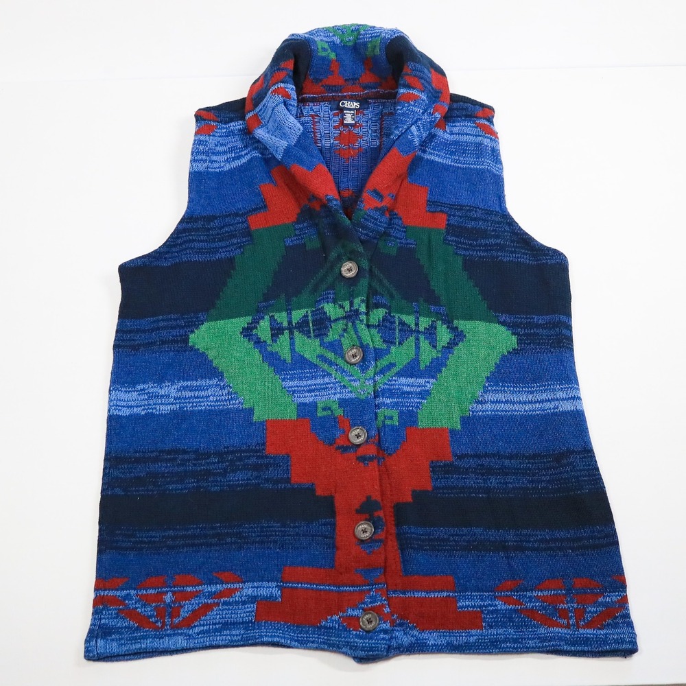 Chaps Sweater Vest Womens 1X Blue Red Green Southwestern Shawl Collar Button Up
